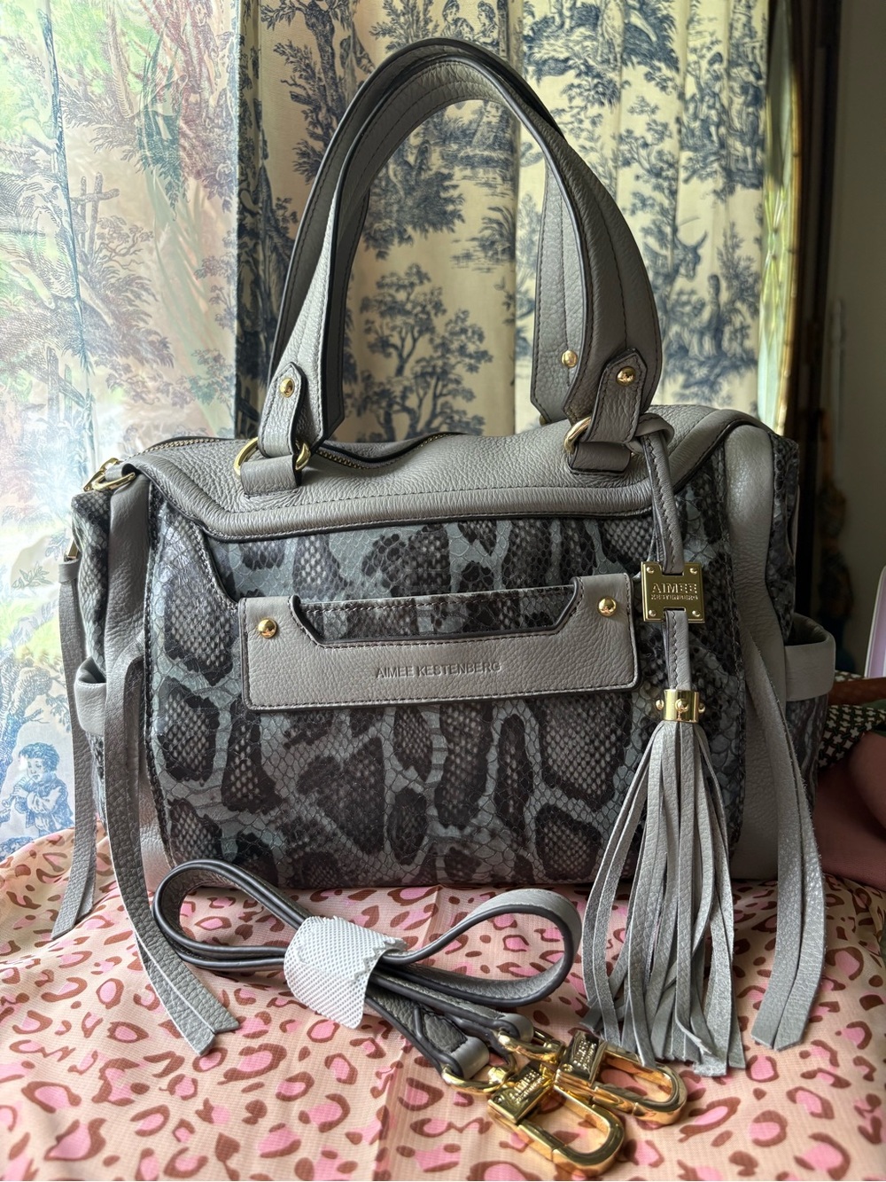 Aimee Kestenberg Gray Snake-Print Satchel with Tassel